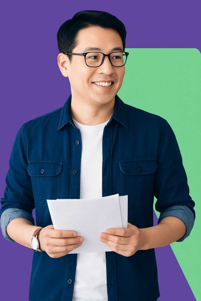A smiling man in glasses holds a piece of paper, conveying a sense of happiness and engagement.